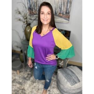 Mardi Gras Color Block Swiss Dot Flutter Bell Sleeves V Neck Tie Bottom 0724